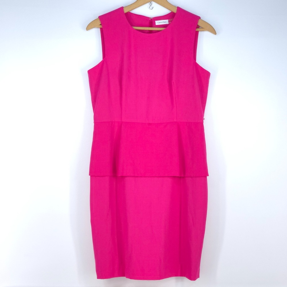 Calvin Klein Peplum Sleeveless Midi Sheath Dress Women 12 Hot Pink Career Office